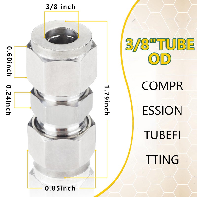 Yoebor Metalwork 304 Stainless Steel Compression Tube Fitting, Union, 3/8" OD x 3/8" OD (2 Pcs) - Image 2